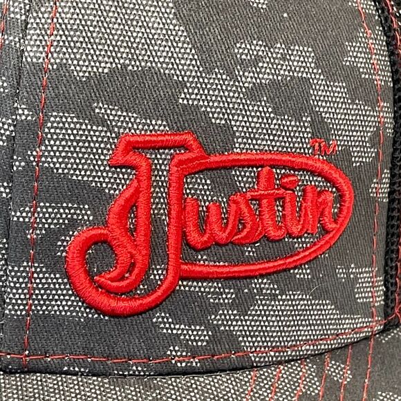 Justin Boots Hat Cap Trucker Mesh Snapback Breahtable Embroidered Gray Camo - Picture 2 of 9